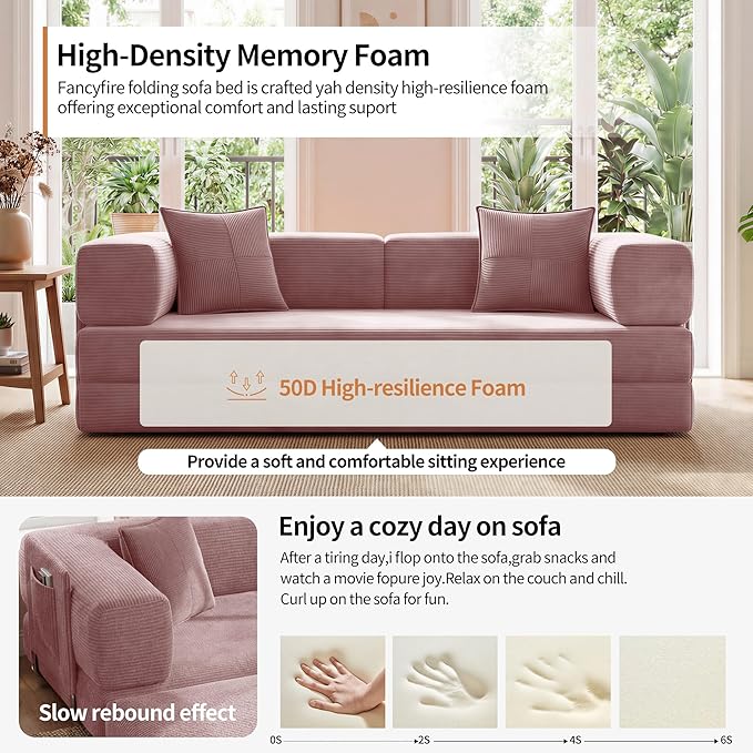 78.8 Convertible Sofa Bed with Armrest Pillow 4-in-1 Sleeper Couch Bed for Livingroom Modular Corduroy Boneless couches No Assembly (Pink)