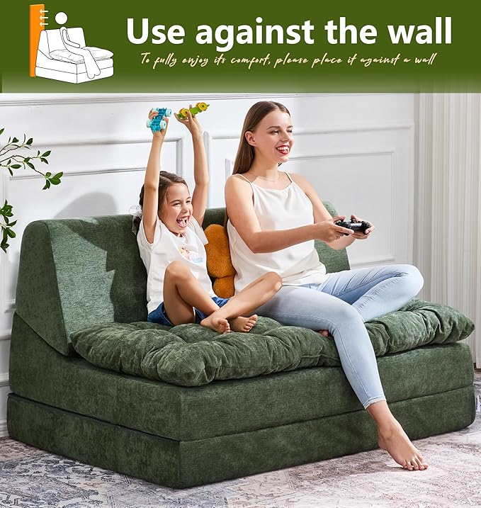 Hobestluk Sofa Couch Folding Sofa Bed Sleeper Comfy Floor Lounger Loveseat Sofa with Removable Cushion Couches Foldable Mattress for Living Room Bedroom or Office (Chenille Green Oversize)