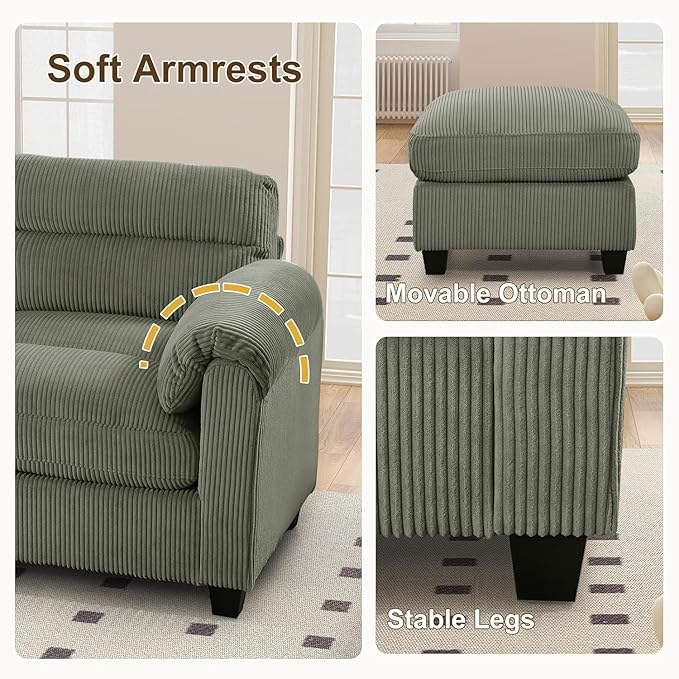 Corduroy Sofa Set Upholstered Ottoman Modern Loveseat and 3-Seater Couch Set of 2 with Plush Cushions and Rolled Arms Modern Living Room Furniture SetsGreen