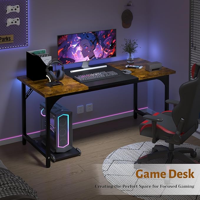 AZN Computer Desk 55in Computer Desk Gaming Office Desk w/Carbon Fiber Tabletop Gaming Office Desk w/Sturdy Metal Frame Home Office Desks w/Large Legroom for Game Work Study WritingRusticBrown