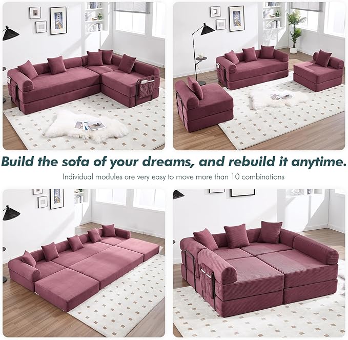 10-in-1 Folding Convertible Sofa Bed 141 Inch Boneless Couch with Fixed-Shape Frame Corduroy Modular Sectional Sofa Mattress Sleeper Sofa Floor Sofa Futon Couch for Living Room (Wine Red)