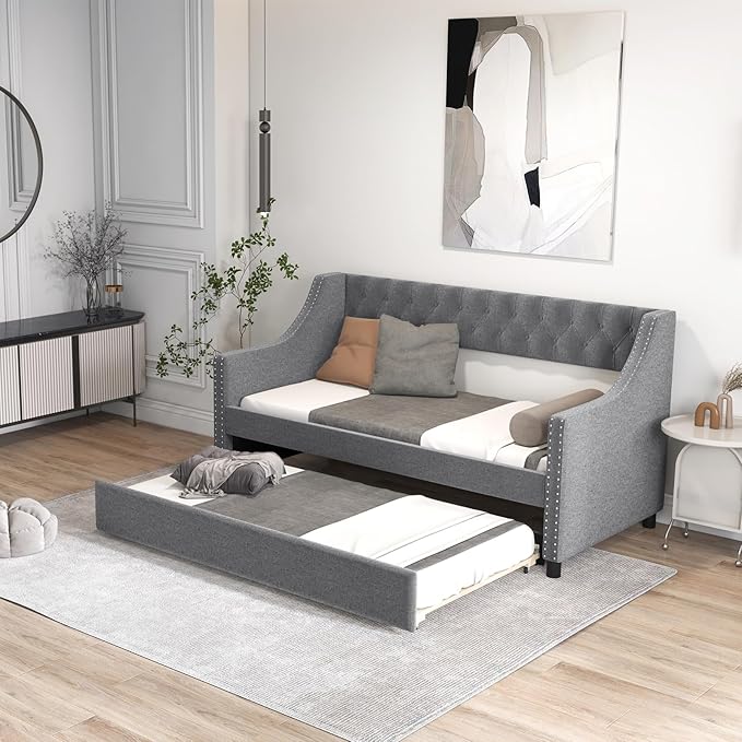 KOMFOTT Upholstered Twin Daybed with Trundle Sofa Daybed with Backrest &amp Armrests Space-Saving Daybed Trundle Bed Frame for Bedroom Guest Room &amp Dorm No Box Spring Needed (Grey)