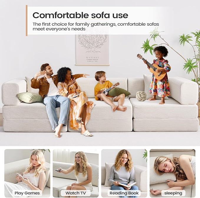 Folding Sofa Bed Convertable Corduroy Couch King Size Floor Sleeper 4-in-1 DIY Combination Modular Sofa Fold Out Futon Lounge Comfy Foldable Lazy cama for Living Room (Off-White)