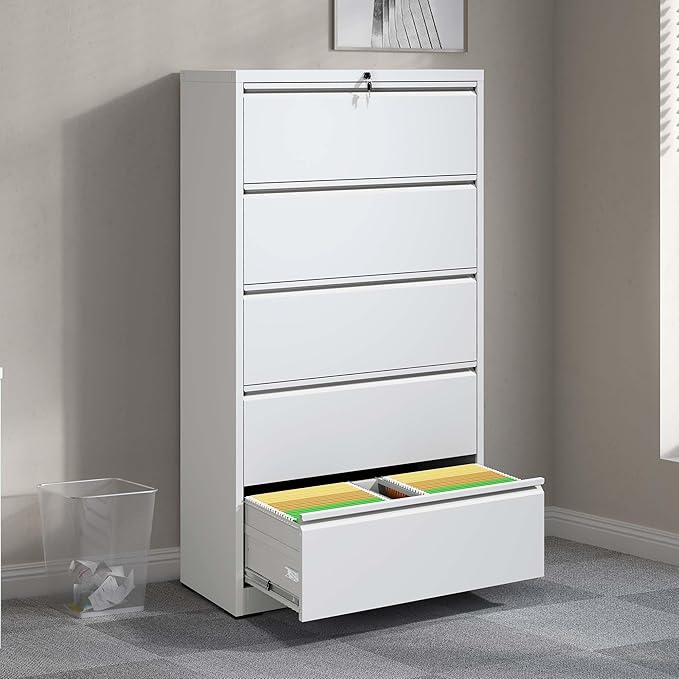 5 Drawer File Cabinet with Lock Locking Metal Filing Cabinet for Home Office Under Desk Storage Cabinet Organizer with Small DrawersWhite