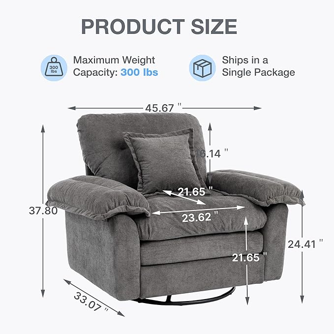 360° Swivel Accent Chair Oversized Plush Modern Chenille Armchair with Padded Seat &amp Back Comfy Spinning Chair for Living Room Bedroom Office (Grey)