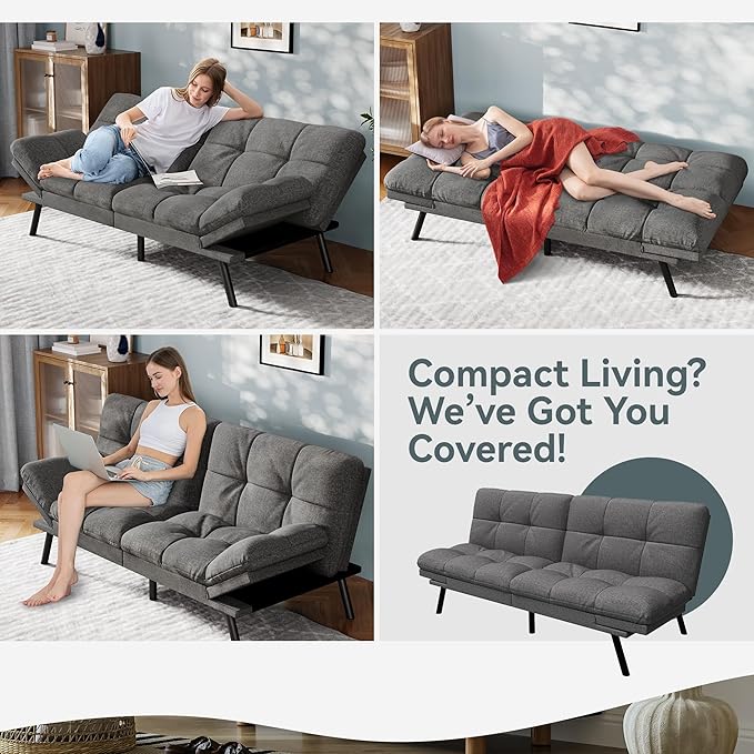 Vyfipt Convertible Futon Sofa Bed Grey Linen Futon Couch with Adjustable Backrest &amp Armrests Folding Small Recliner Sleeper Sofa Bed for Living Room Apartment Office
