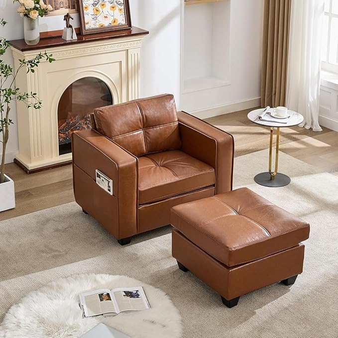 TYBOATLE Oversized Accent Chair with Ottoman Wide Chaise Lounge Chair Indoor Mid-Century Modern Armchair with Pockets Leather Comfy Chairs for Bedroom Living Room Office (Brown)