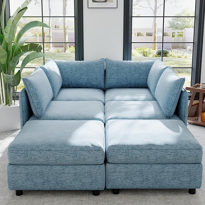 129” Modular Sectional Sofa Convertible 6 Person U Shaped Couch with Storage 2 Removable Ottomans &amp Deep Seats Memory Foam Comfy Modular Couch for Living Room (Antique Blue 6 Seat)