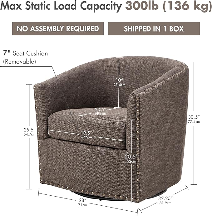 Madison Park Swivel Barrel Accent Chair Upholstered Curved Back with 7-Inch Thick Woven Cushion 360° Swivel Nailhead Trim Comfy Chair for Living Room Bedroom Office 28 Wide Chocolate Tyler
