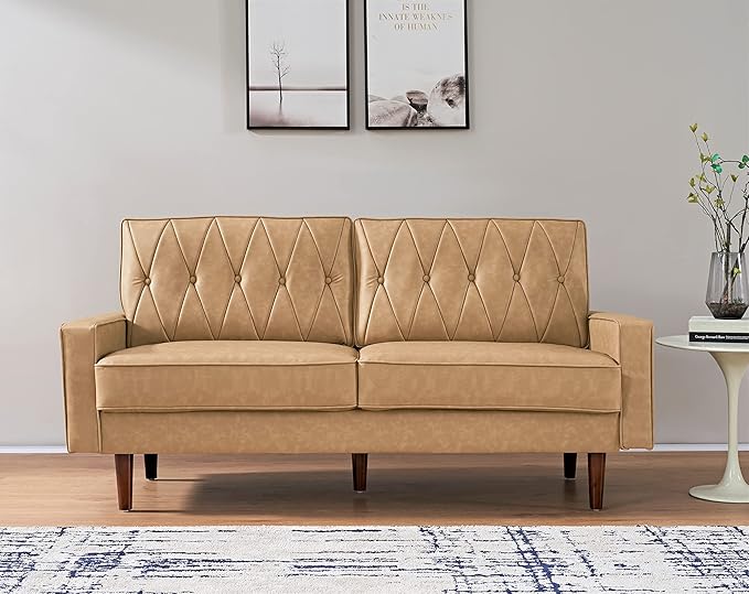 Container Furniture Modern Style Faux Leather Sofa with Elegant Round Tapered Legs and Button Tufted Backrest Perfect for Living Room Bedroom or Home Office 69.3’’ Wide Camel