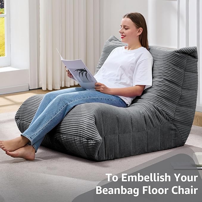 Bean Bag Chairs for Adults Giant Bean Bag Chair Memory Foam BeanBag Chair Bean Bag Sofa with Filler Faux Fur Fireside Beanbags Lazy Sofa for Living Room Bedroom Office (Grey Corduroy Single)