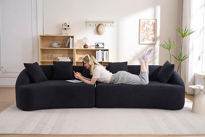 Oversized Sectional Sofa for Living Room 110 Modern Luxury Chenille 5-Seater Extra Deep &amp Wide Seat Curved Cloud Couch with 5 Throw Pillows No Assembly Needed Cream Black