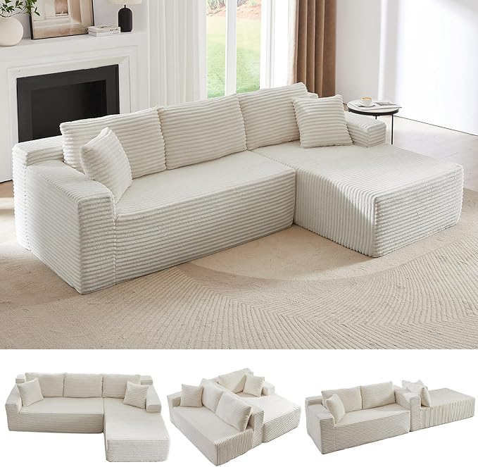 103 L-Shape Cloud Couch with Chaise Upholstered Corduroy Modular Sectional Sofa Deep Seat Couch with Free Combination for Living Room &amp ApartmentNo Assembly Required(WhiteRight Facing Chaise)