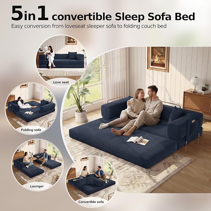 MoonSpeak 78.8''Sleeper Couch Bed for LivingroomConvertible Modular Sofa with Armrest PillowModular Foldable Corduroy Couches in a BoxNo Assembly (Blue)