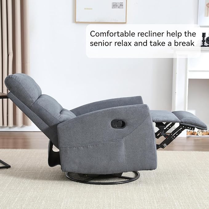 Swivel Rocking Recliner Chair Upholstered Glider Rocker with Adjustable Backrest and Footrest Modern Rocking Chair for Adults with 2 Pockets for Nursery Lounge Bedroom Living Room (Grey)