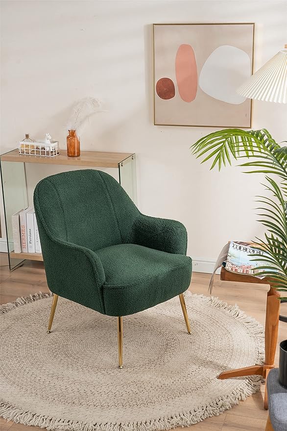 Modern Soft Green Teddy Fabric White Ergonomics Accent Chair Living Room Chair Bedroom Chair Home Chair with Gold Legs and Adjustable Legs Family Room Sofa Armchair Furniture for Indoor Home (Green)