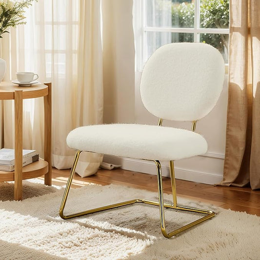 Art Leon Modern Vanity Chair with Back - Furry Upholstered Makeup Chair Living Room Side Chair Modern Accent Chair with Metal Legs for Bedroom Living Room Makeup Studio Manicure Shop White