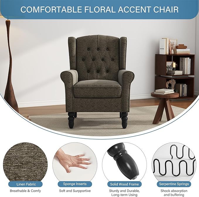UIXE High Back Accent Chair Fabric Upholstered Armchair Retro Wingback Arm Chair for Living Room Comfy Single Sofa Bedroom Reading Seat with Solid Wood Legs - Tan Taupe
