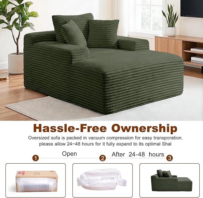 67 Inch Chaise Lounge Chair Indoor Oversized Corduroy Upholstered Boneless Sofa Bed with Amrests and 2 Pillows Cloud Sleeper Couch Reading Chair for Living Room