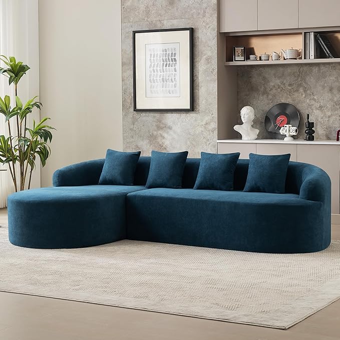 Boneless L Shaped Sofa Couch Oversized Sectional Curved Cloud Sofa with Chaise Lounge Chenille 4 Seats Deep Seat Couches for Living Room No Assembly Blue