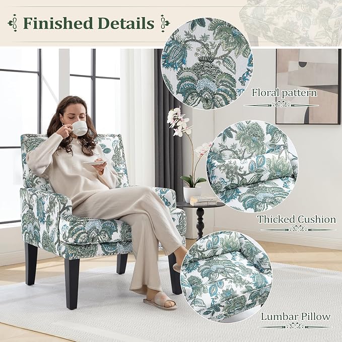 ANJ Floral Accent Chair with Lumbar PillowUpholstered Wingback Reading Armchair with Nailhead Trim Mid-Century Single Sofa Chair for Living Room Bedroom Green Floral