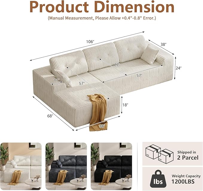 Ball &amp Cast 106 Cloud Modular Sectional Sofa Boneless Corduroy Couch with Deep Seat Comfy L-Shaped Sectional Modern Upholstered Sofa for Living Room No Assembly (Beige Left Facing Chaise)