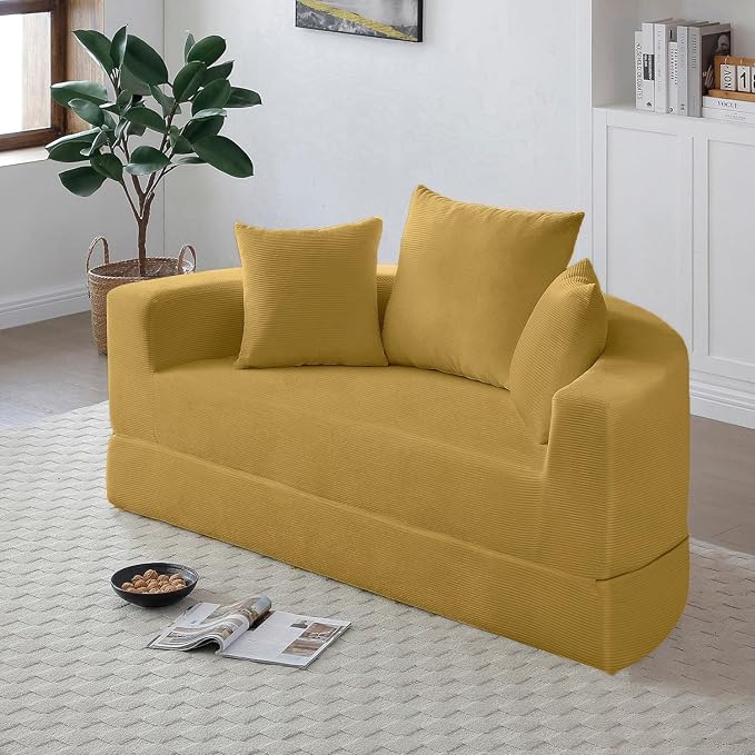 Folding Sofa Bed Corduroy Circular Boneless Couch No Assembly Convertible Sleeper Sofa with 3 Pillow Comfy Futon Sofa Bed for Apartment Office Bedroom Living Room Yellow