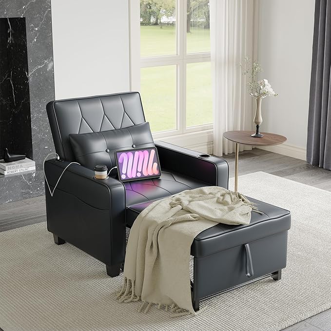 AILEEKISS 3 in 1 Convertible Sleeper Chair Bed Pull Out Sofa Chair Bed with Cup HoldersUSB &amp Type C PortsSide Pockets Linen Fabric Sleeper Single Sofa Couch for LivingroomApartmentOffice (Blac