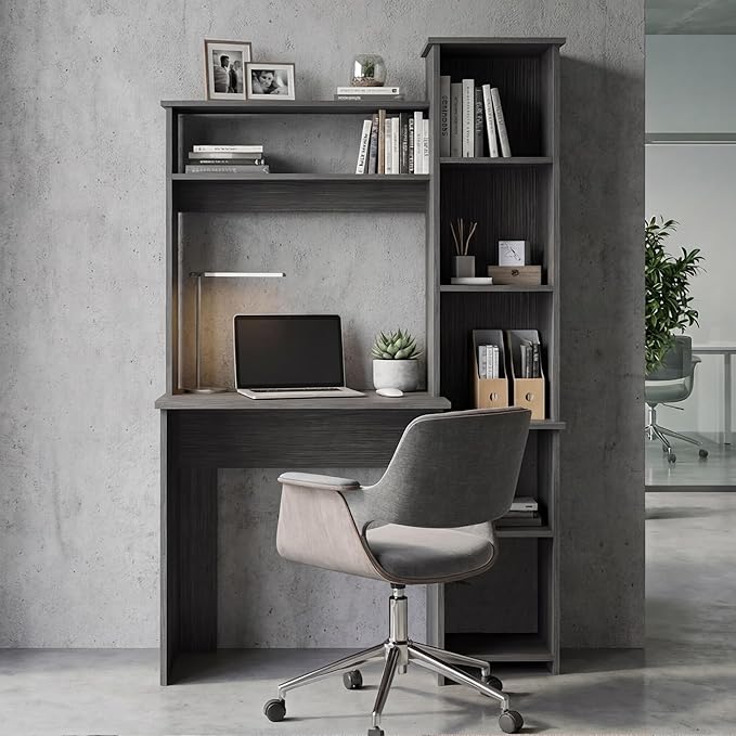 Tuhome Versalles Writing Desk with Two Superior Shelves Five Side Open Storage Compartments Space-Saving Modern Workstation Design for Studios and Offices Ideal for Organization Books
