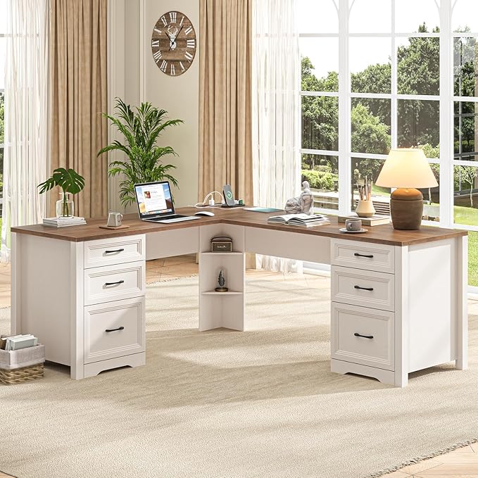 Vabches Wood L Shaped Executive Desk with 6 Drawers Farmhouse Home Office Desk with Power Outlets and Triangle Under-Desk Storage Shelf &amp Drawer File Cabinet Corner Computer Desk Brown