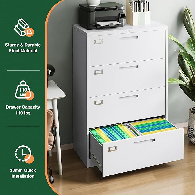 Letaya 4 Drawer File Cabinet with Lock Metal Lateral Filing Cabinet Wide Office Organization Storage for Home Office Hanging Letter/Legal/F4/A4 (White-Requires Installation)