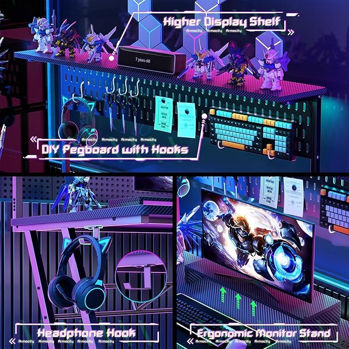 Armocity Gaming Computer Desk with Shelves and Outlets Gaming Desk with Hutch and LED Lights Reversible PC Gaming Desks with Pegboard Carbon Fiber Black 47''