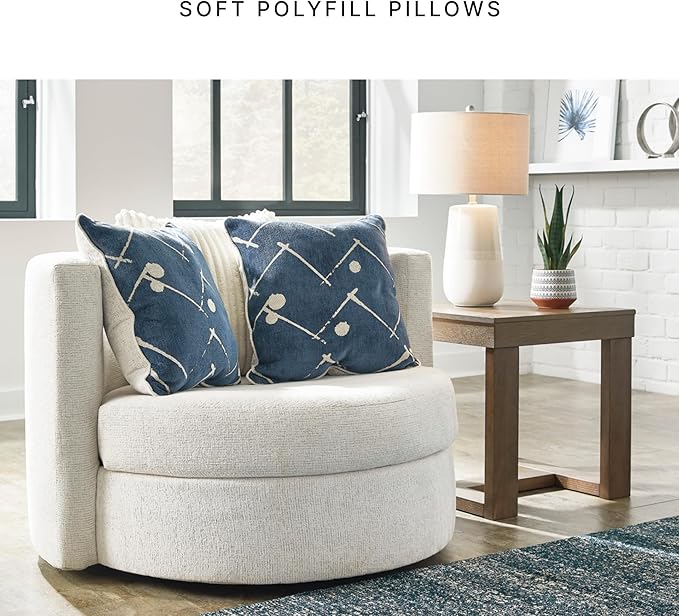 Signature Design by Ashley Padova Transitional Upholstered Swivel Accent Chair Reversible Seat Cushion 3 Complimentary Accent Pillows 360-Degree Swivel Ivory Fabric