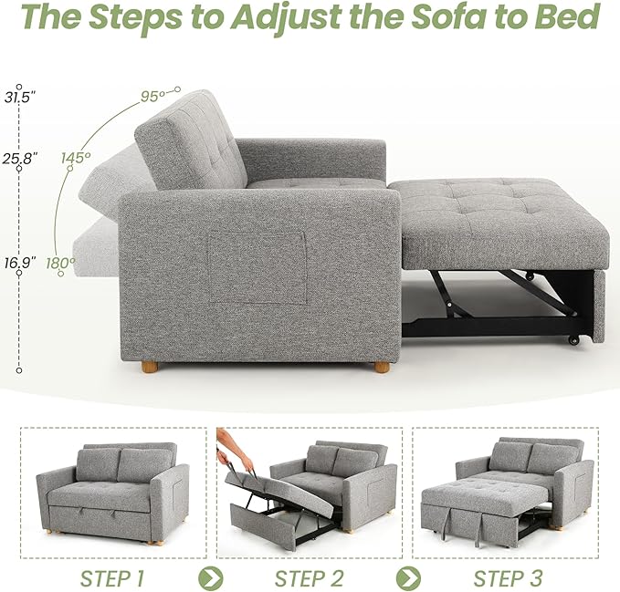 SEJOV Convertible Sofa Bed 3-in-1 Sleeper Sofa Pull Out Couch Bed 2-Seater Linen Fabric Loveseat Futon Sofa with Spring Support Adjustable Backrest for Small Spaces Living Room Grey