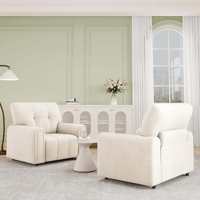 EJUNQ Mid-Century Oversized Accent ChairModern Upholstered Living Room ChairsWide Comfy Reading Chair for AdultsTraditional Single Couch Armchairs for Living Room/BedroomIvory
