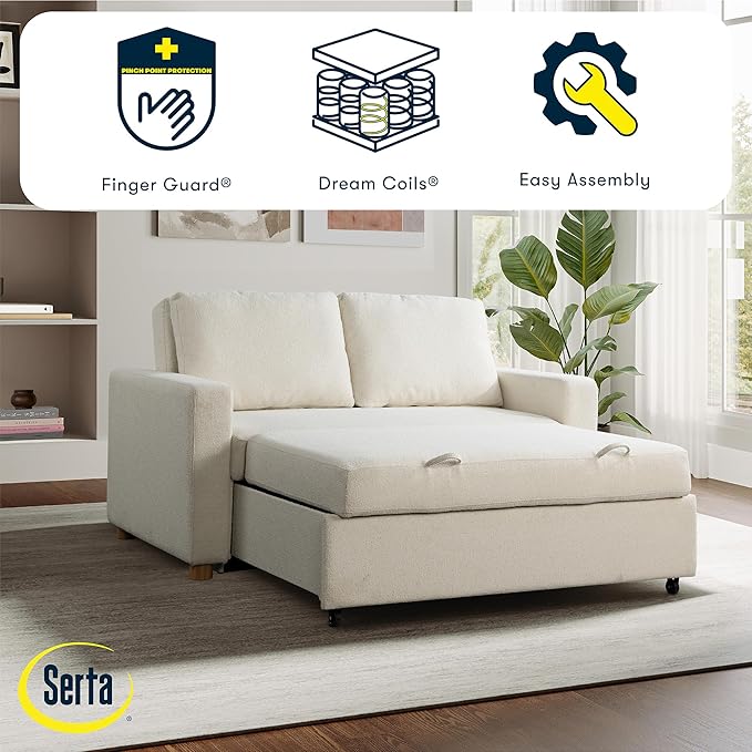 Serta Tulsa 66.1 Convertible Sleeper Loveseat Full Size Dreamcoil Comfort FingerGuard Pinch Point Protection Boucle Fabric Ivory