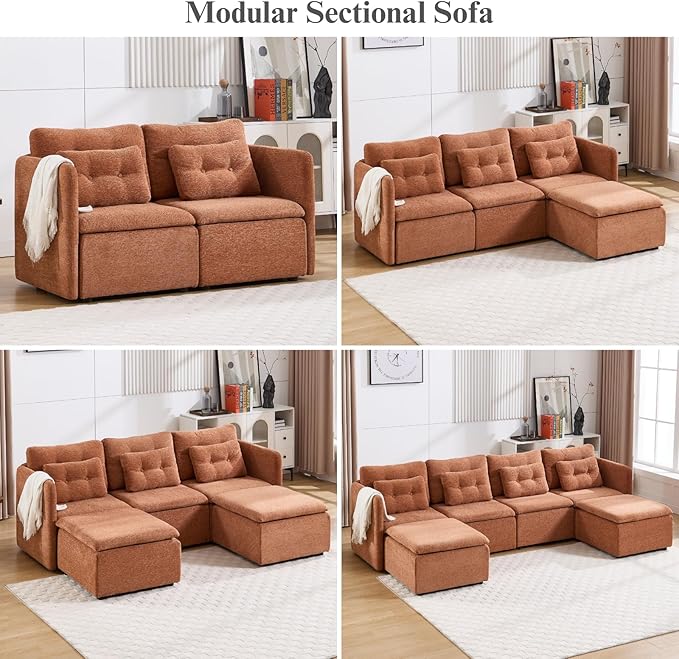 DUOMAY Modern Chenille Convertible Sectional Sofa 82.5 Wide Modular Couch with Deep Seat Upholstered U-Shaped Lounge Sofa with 2 Ottomans for Living Room Bedroom Brown
