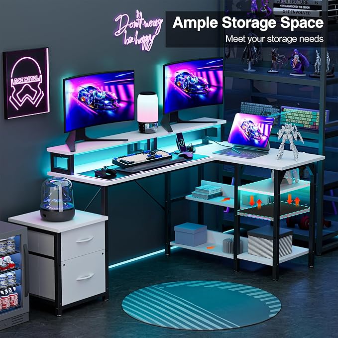 67'' L Shaped Computer Desk with Power Outlet Large Reversible Computer Gaming Desk Home Office Desks with File Drawers &amp Shelves White