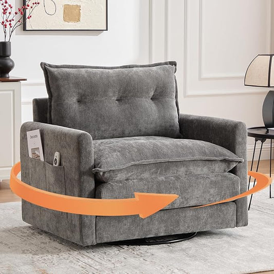cinkehome Oversized Swivel Chair 36 Swivel Armchair Accent Chair for Living Room Mid Century Modern Thick Padded Arm Chairs Memory Foam Chenille Gray