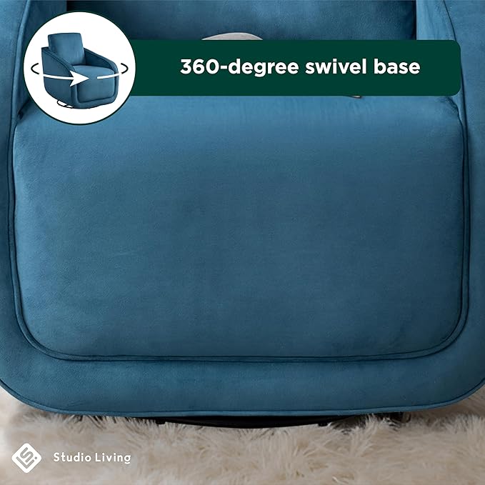 Studio Living® Lydia 35.3 Swivel Accent Chair Modern Boho Fully Assembled Pocket Coil Comfort Round Swivel Base Leg Soft Velvet Fabric Blue