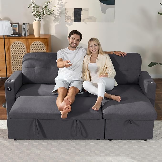 83'' Pull Out Sofa Bed 2 in 1 Convertible Sleeper Sofa Couch with Storage Chaise &amp USB Charging Comfy Linen Modular Couches for Living Room ApartmentDark Grey 1 PCS