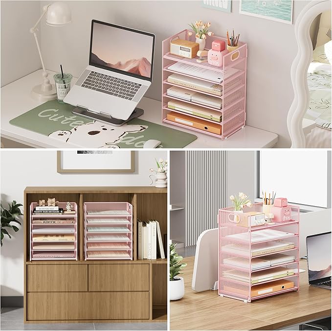 Subekyu 6-Tier Desk Paper Organizer Desktop File Letter Tray with Handle Document Sorter and Accessories Holder for Office Home and School Workspace Organizers Pink-2 Pack