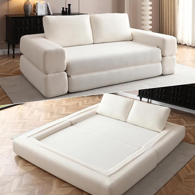 81 Inch Convertible Folding Sofa Bed Fold Out Couch Bed Corduroy Futon Couch with Back Pillows Boneless Sofa Comfy Lounge Floor Sleeper Mattress Loveseat for Living Room Bedroom Beige