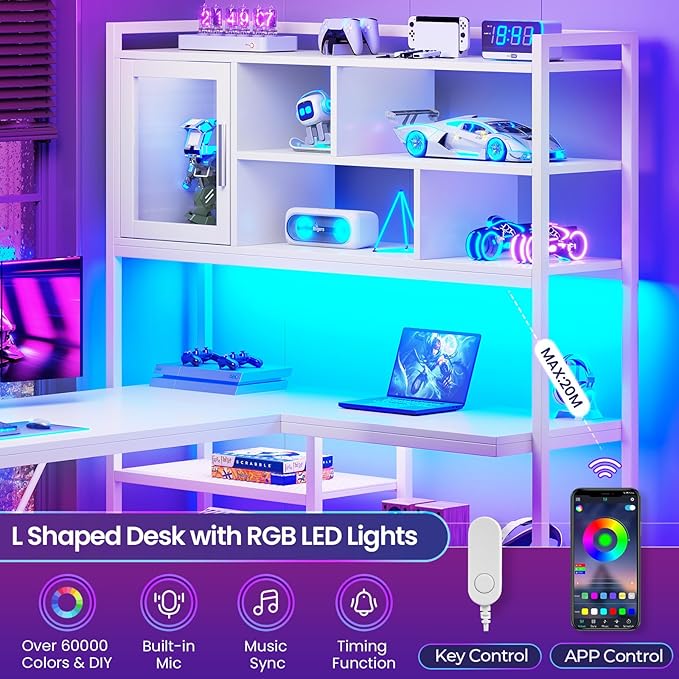 SEDETA L Shaped Computer Desk 58'' Office Desk with LED Light and Bookshelf L Shaped Corner Desk with Storage Shelves for Home Office Gaming Desk L Desk White