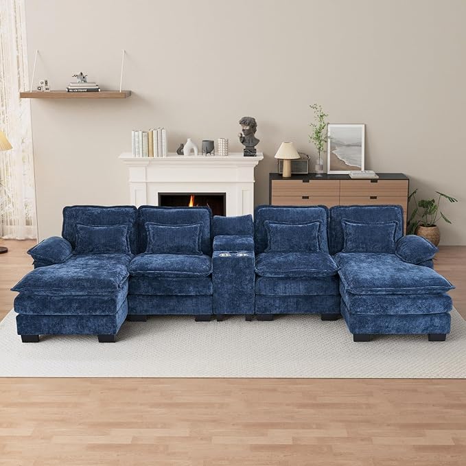 OUYESSIR U Shaped Cloud Sectional Couch 132 Fluffy Modular Sofa Set with Double Chaise Lounge Central Console &amp USB Port Comfy Chenille Big Sectional Couches for Living Room Dark Blue