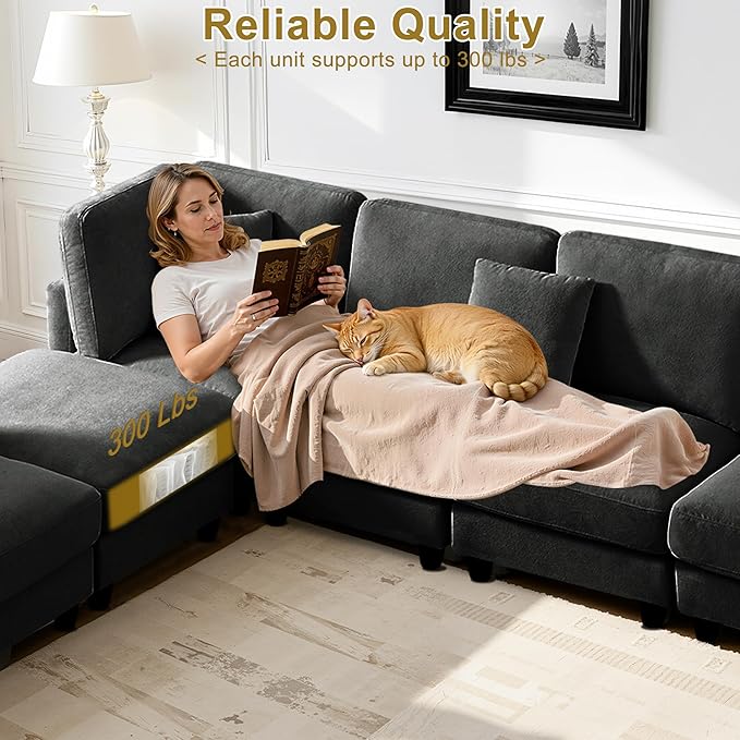 121'' 7-Seater Modular Sectional Upholstered Couches Chenille Cloud Couch with Movable OttomanL/U-Shape Modern Sofa for Living RoomBlack