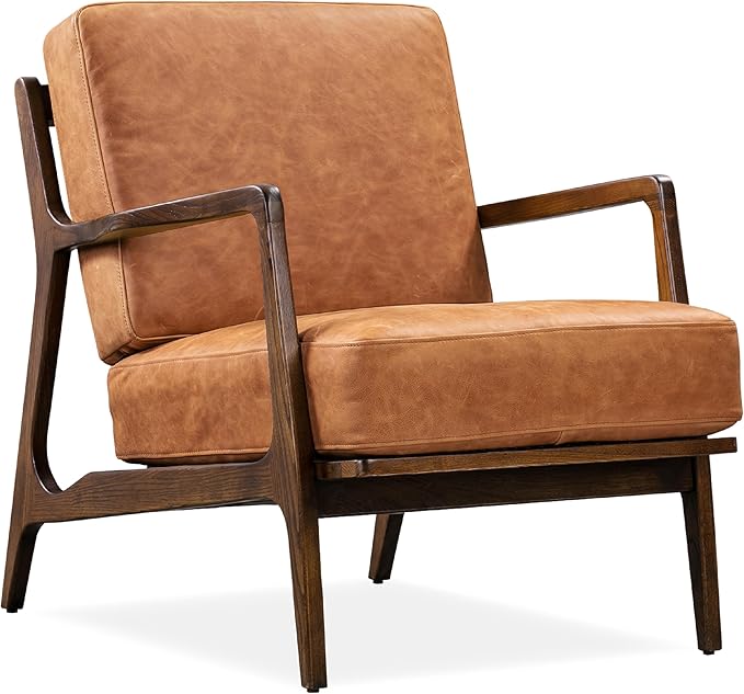 Poly &amp BARK Verity Leather Accent Chair – Armchair with Walnut Wood Frame – Fashion-Forward Lounge Seating for Living Room – Upholstered in Cognac Tan Leather for Modern Style