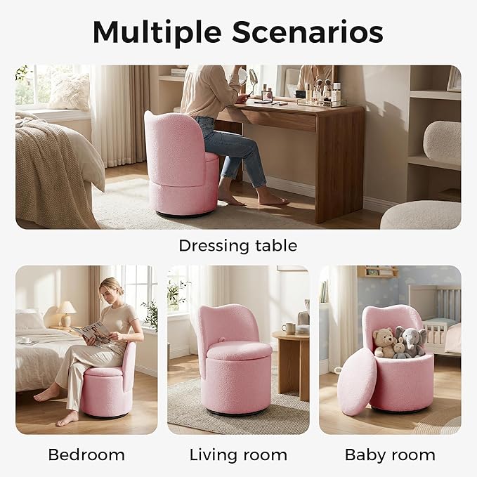 Swivel Teddy Vanity Chair with Storage Upholstered Vanity Stool with Back Sherpa Vanity Stool Chair Round Makeup Chair Swivel Accent Chair Barrel Armchair Soft Padded Seat for Living Room Bedroom