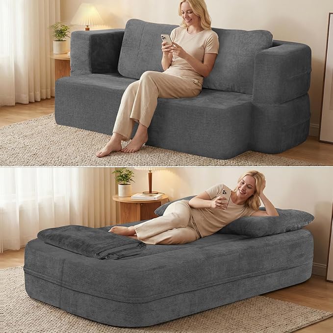 78 Convertible Sofa Bed with Blanket Boneless Cloud Couch Queen Scott Fabric for Living Room Bedroom Modular Loveseat with High-Density Solid Sponge No Assembly Grey