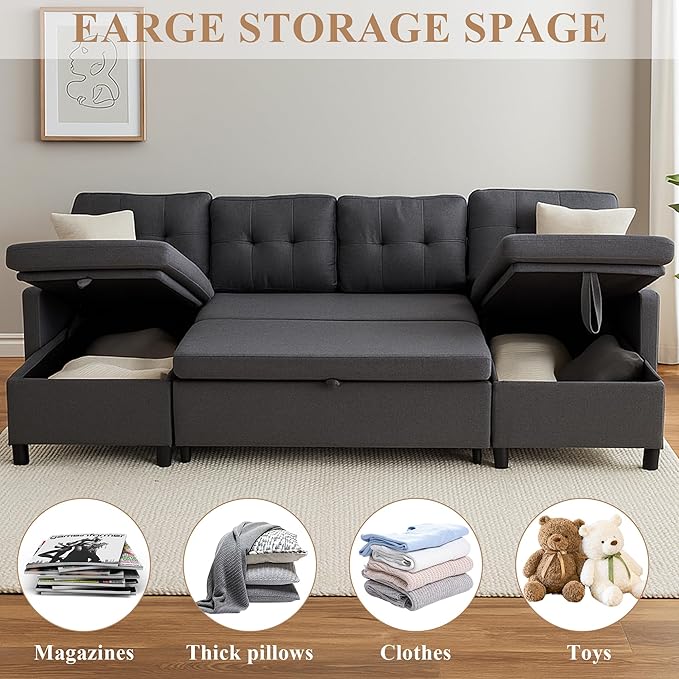 Sleeper Sofa Couch Oversized Pull Out Couch Bed with Storage Chaise Sectional Sleeper Sofa Bed for Living Room (Gray Double)